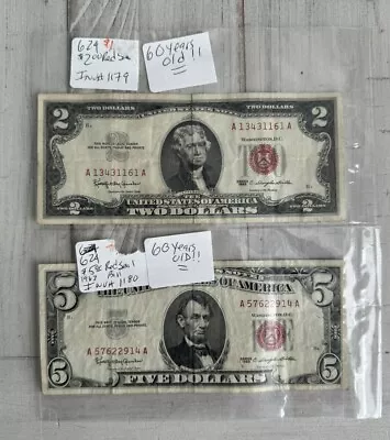 (Lot Of 2) $2 Bill And $5 Bill 1963 Series OLD Vintage!!! • $5.50