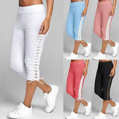 Plus Size 8-20 Women Lace Up Cropped Pants Joggers Yoga Sports Bottoms Trousers • £10.89