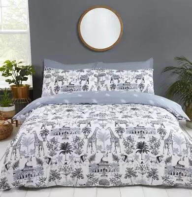 Duvet Set Safari Bedding Quilt Cover Black Ink Palms Giraffe Lion Elephants • £21.99