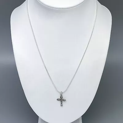 Vintage Sterling Silver 925 Cut Out Etched Marcasite Cross Pendant Necklace 18  • $40