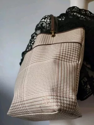 Lauren Ralph Tan Brown Pink Houndstooth Fabric W/Brown Leather Trim Tote Bag • $24.99