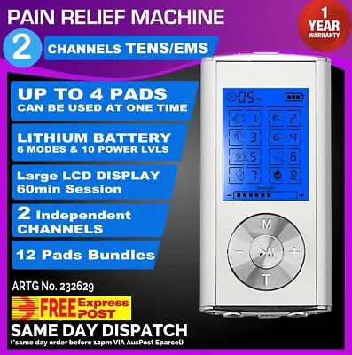 Dual Channel TENS Machine Unit Body Pain Relief Massager Device +8 Pads Physio • $51.99