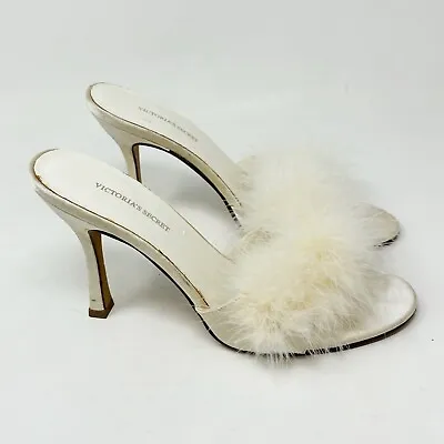 Vintage VICTORIA’S SECRET Ivory Marabou High Heel Satin Boudoir Shoes Heels Sz 9 • $45.99
