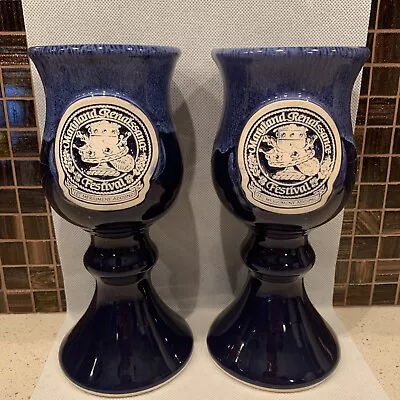 2 Maryland Renaissance Festival Ceramic Wine Goblets 2003 Blue Drip Twice Glazed • $35