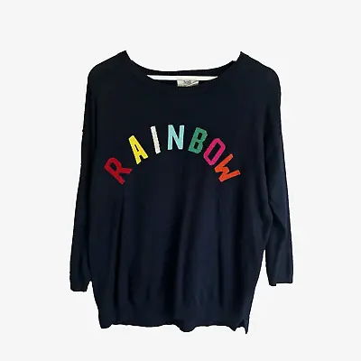 Hush Rainbow Spellout Jumper Size Small Navy Blue Oversized Lightweight Knit • £16.71