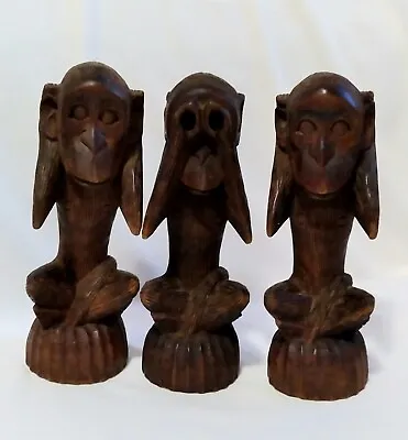 Vintage Hand Carved Wooden Sitting Monkeys Hear And See No Evil Figurine 6  Tall • $18