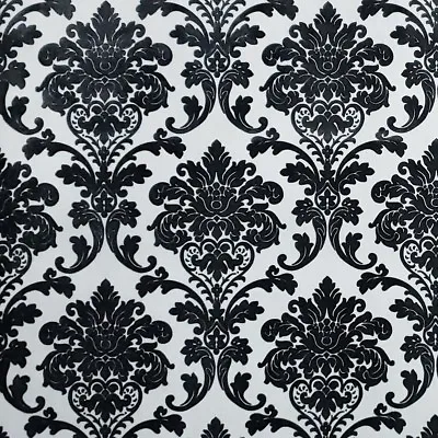 Wallpaper Flocking Black White Silver Metallic Flocked Vintage Velvet Damask 3D • $4.44