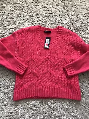 M&S Cable Knit V-Neck Relaxed Pink Jumper - Large - BNWT • £15.99
