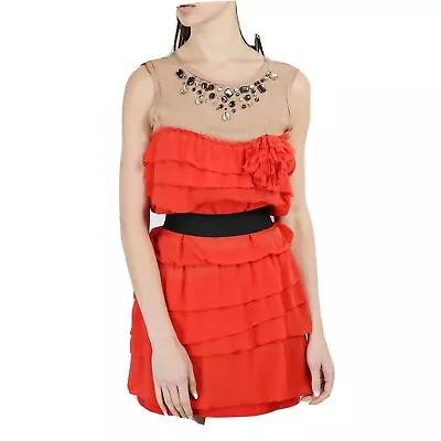 LANVIN H&M Poppy Red Ruffle Silk Chiffon Cocktail Party Dress US 4 UK 8 • $60