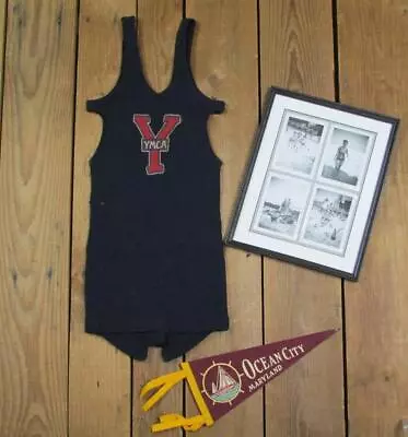 Vintage 1920s Wool Swimsuit YMCA Bathing Suit W/Beach Photographs Framed Pennant • $445