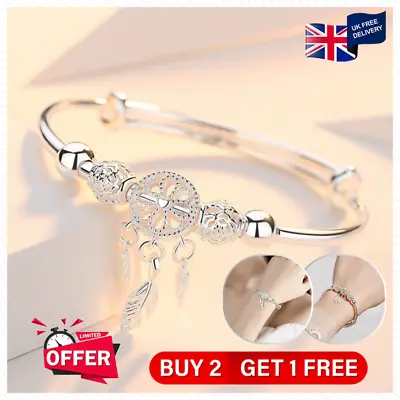 Solid 925 Sterling Silver Dreamcatcher Tassel Bangle Bracelets Women Jewellery • £3.99
