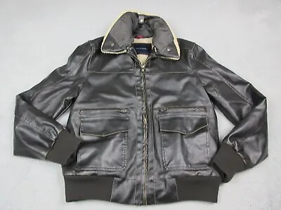 Tommy Hilfiger Jacket Mens Medium Brown Faux Leather Sherpa Bomber Flight Coat • $68.85