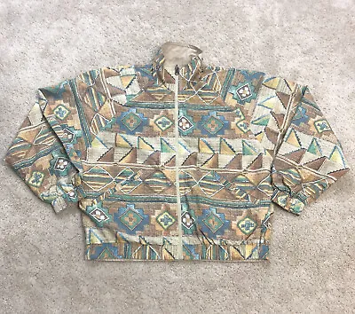 Windbreaker Bomber Jacket Womens Small 80s 90s Aztec Pattern Reversible Vintage • £19.99