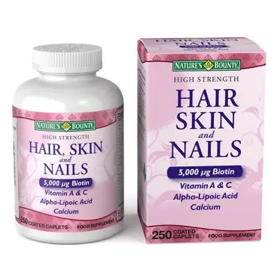 Nature's Bounty Hair Skin Nails High Strength 5000 Ug Biotin 250 Caplets UK • £12.99