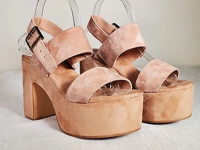 EUC Jeffrey Campbell Moody Platform Block Heel Tan Leather Sandals Women's 8.5 • $78.99