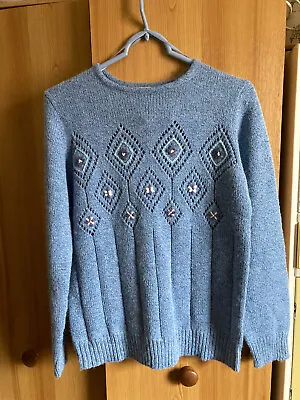 Damart Women  Pullover Jumper Size 10-12 Blue With Pretty Patterns • £6