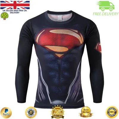 Mens Long Sleeve Compression Top Gym Superhero Avengers Marvel Muscle Blue Red • £14.99