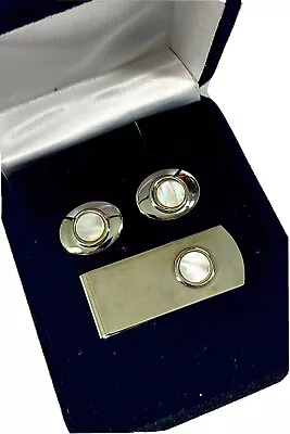 Vintage Silver & Mother Of Pearl Cuff Links & Money Clip. Nice Mid Century Retro • $12