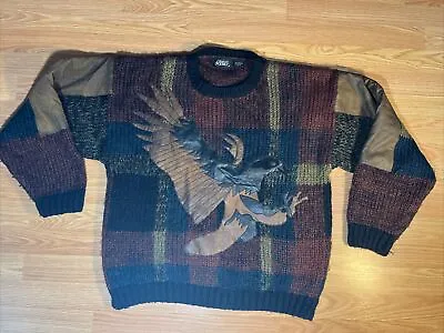 Vintage Sweater 80s Leather & Knit Eagle Street Scenes Retro Grandpa Medium • $24.99