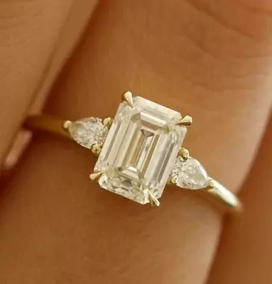 3 Ct Emerald Cut Moissanite Three Stone Engagement Ring 14K Yellow Gold Plated • $139.19