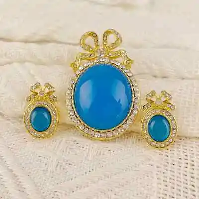 Ocean Blue Bow Brooch Stud Earrings Medieval Vintage Jewelry Accessories Pin  • $6.99