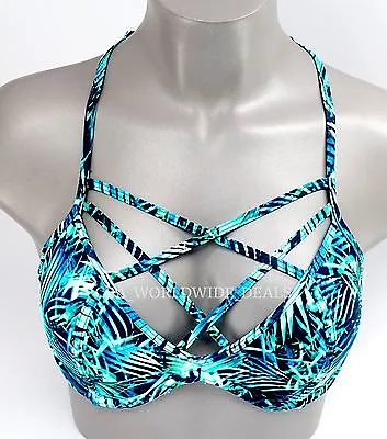 Victoria's Secret PINK Blue Green Tropical Palm Cage Front Strappy Bikini Top L • $9.87