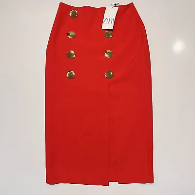 $28.50 • Buy NWT Zara Womens Red Midi Straight Skirt Gold Buttons Slit At Front Size Small