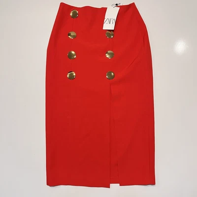 $28.50 • Buy NWT Zara Womens Red Midi Straight Skirt Gold Buttons Slit At Front Size Small