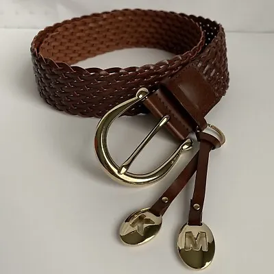 Michael Kors Brown 2  Wide Sz L Woven Leather Belt Gold Buckle Key Charm #553633 • $22.95