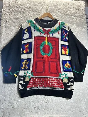 Christmas Sweater Vintage Lecomte Handknit Oversize Cozy Cardigan Large • £44.31