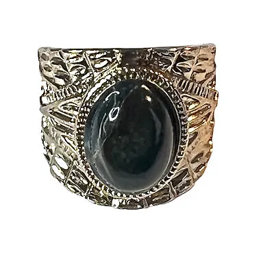 Ethnic Gold Tone Wide Band Ring With Black Marbled Stone Size 7.25 • $9.99