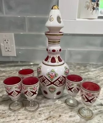 Antique Bohemian Czech Moser Glass Decanter Ruby Red White Overlay W/5 Cordials • $115