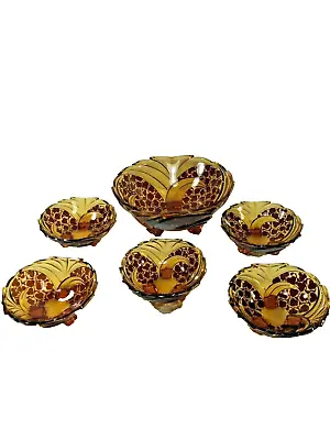 Vintage Art Deco Amber Footed Berry Bowl Set 1-Large & 5-Small Bowls • $25.19