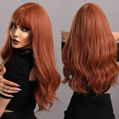 UK 24inch Cosplay Wig With Bang No Lace Wavy Synthetic Hair Copper Red Full Head • £15.99