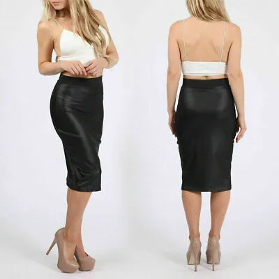 Womens Ladies Pencil Wiggle Bodycon High Waist Wet Look Faux Leather Midi Skirt • £7.90