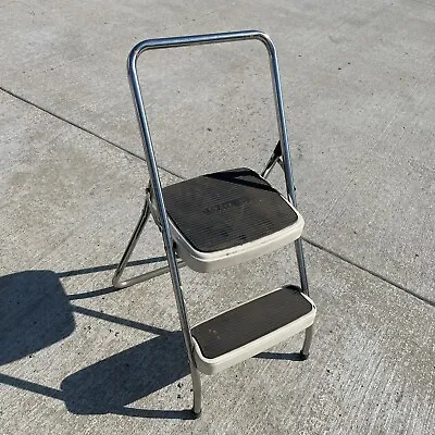Vintage Cosco Kitchen Metal Step Stool Chair Flip Up Seat Retro White Chrome MCM • $60
