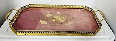 Vintage Italian Square Serving Tray Pink Floral Brass Trim 16.5  Mahogany  • $44.87