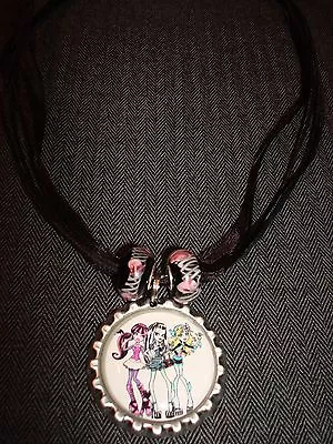 Black Ribbon Bottle Cap Bling Charm Necklace Glass Bead Monster High School Girl • $11