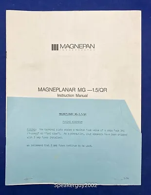 Original Magneplanar MG-1.5/QR Speaker Instruction Manual • $14.95