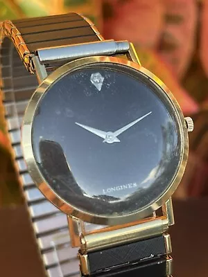 Vintage Longines Ultra-Thin 14k Solid Gold Black Dial Diamond Watch Runs Estate • $999