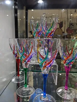 Murano Trix Italian Crystal Wine Glasses Set Of 6 Made In Italy • $215