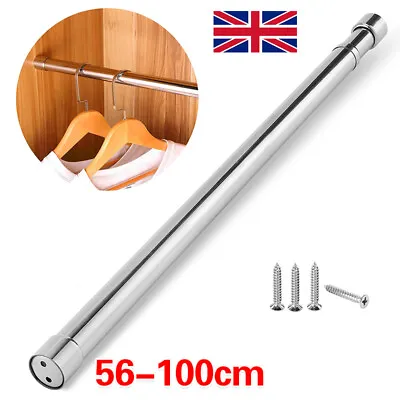 100CM Wardrobe Rod Pole Hanging Rail Tube Bar Clothes Storage Chrome + Fittings • £10.99