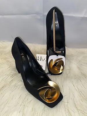Nwt Zara Black Suede Gold Metal Flower Square Heel Usa 7.5 / 38 Nobox • $99.99