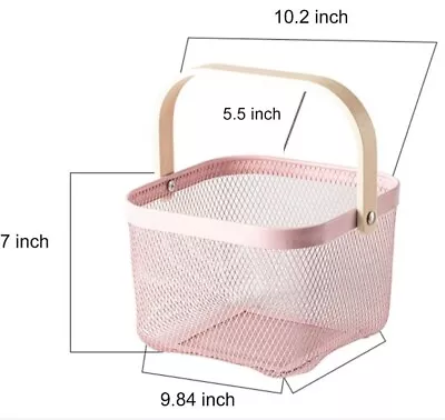 25cm Mesh Metal Storage Basket With Bamboo Handle Square Pink • £12.99