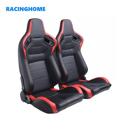 2PCS Racing Seat PVC Leather Recline Sport Bucket Seats W/2 Sliders Black & Red • $360.99