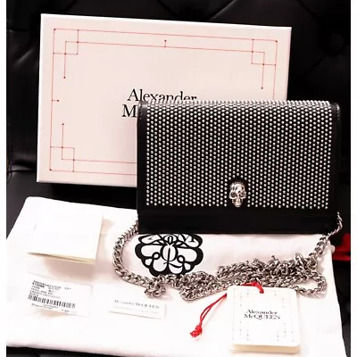 NEW $1390 ALEXANDER MCQUEEN Black STUDDED Leather SKULL Crossbody FLAP BAG NIB • $895