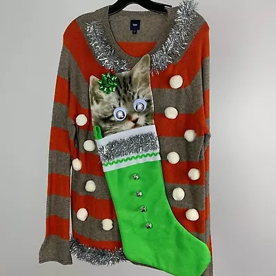 Ugly Christmas Sweater Men's Size L Or M Cat Lover Green Stocking Googly Eyes • $31.40