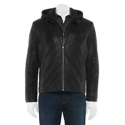 Men's Apt. 9 PU Leather Jacket Hoodie 4-Pocket Removable Hood NEW! Size XXL $200 • $39.99