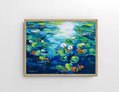 Water Lily Painting Monet Pond Original Art Floral Artwork Pond Impasto • $37
