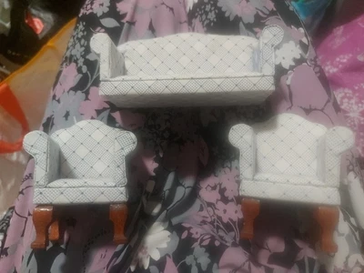 £9.99 • Buy Dolls House Furniture Wooden Padded Sofa With 2 X Chairs Blue And White 
